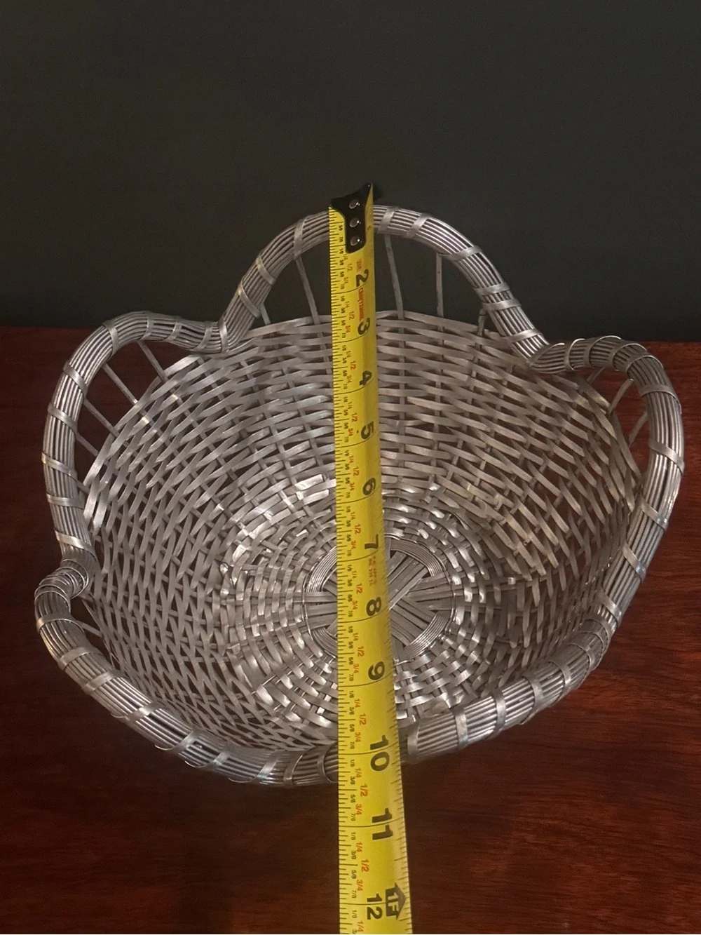 Vintage French Scalloped Silver Tone Woven Metal Basket Decorative Centerpiece